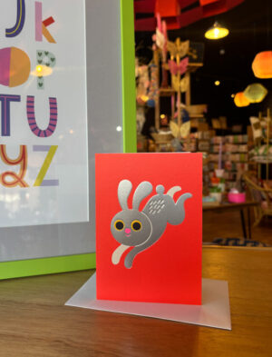 Silver Leaping Rabbit Greetings Card