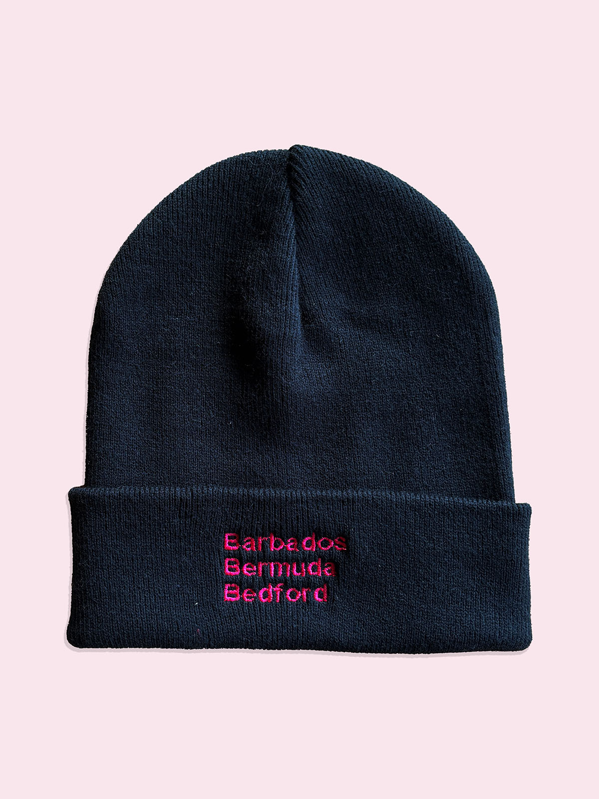 Barbados Bermuda Bedford Black Beanie Pink Text
