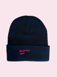Bedford Innit Black Beanie Pink Text