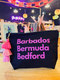 Barbados Bermuda Bedford Large Accessory Pouch - Black with Pink Lettering