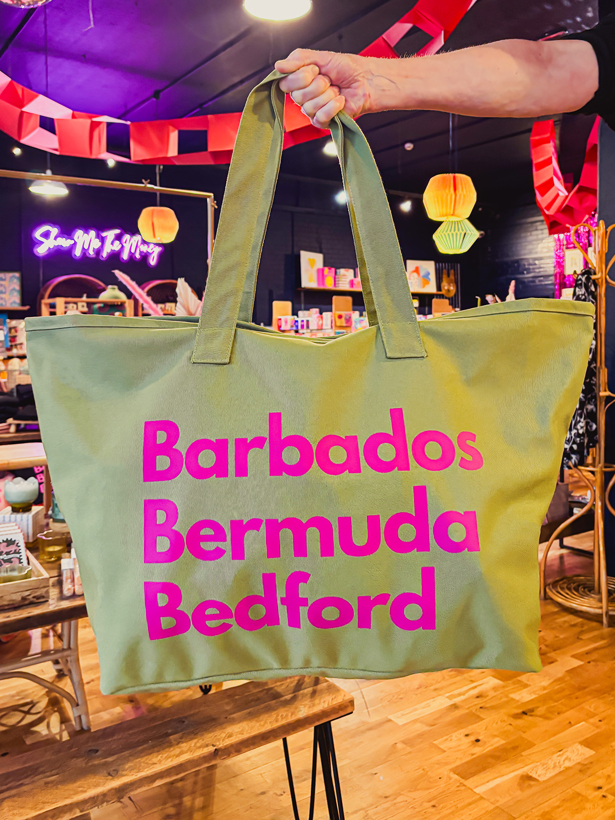 Barbados Bermuda Bedford Large Tote Bag - Khaki with Pink Lettering
