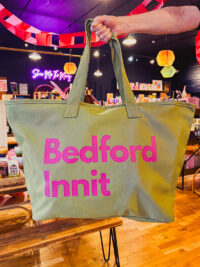 Bedford Innit Large Tote Bag - Khaki with Pink Lettering