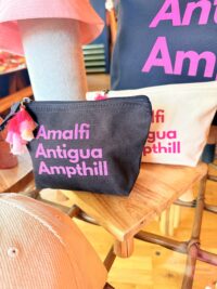 Amalfi, Antigua, Ampthill - Small Accessory Pouch - Black with Pink Lettering