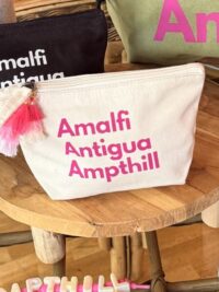Amalfi, Antigua, Ampthill - Small Accessory Pouch - Cream with Pink Lettering